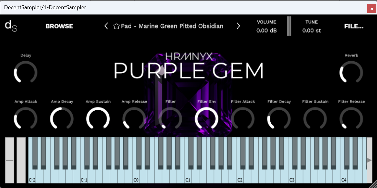 A screenshot of the Purple Gem Sample Library instrument interface in Decent Sampler.
